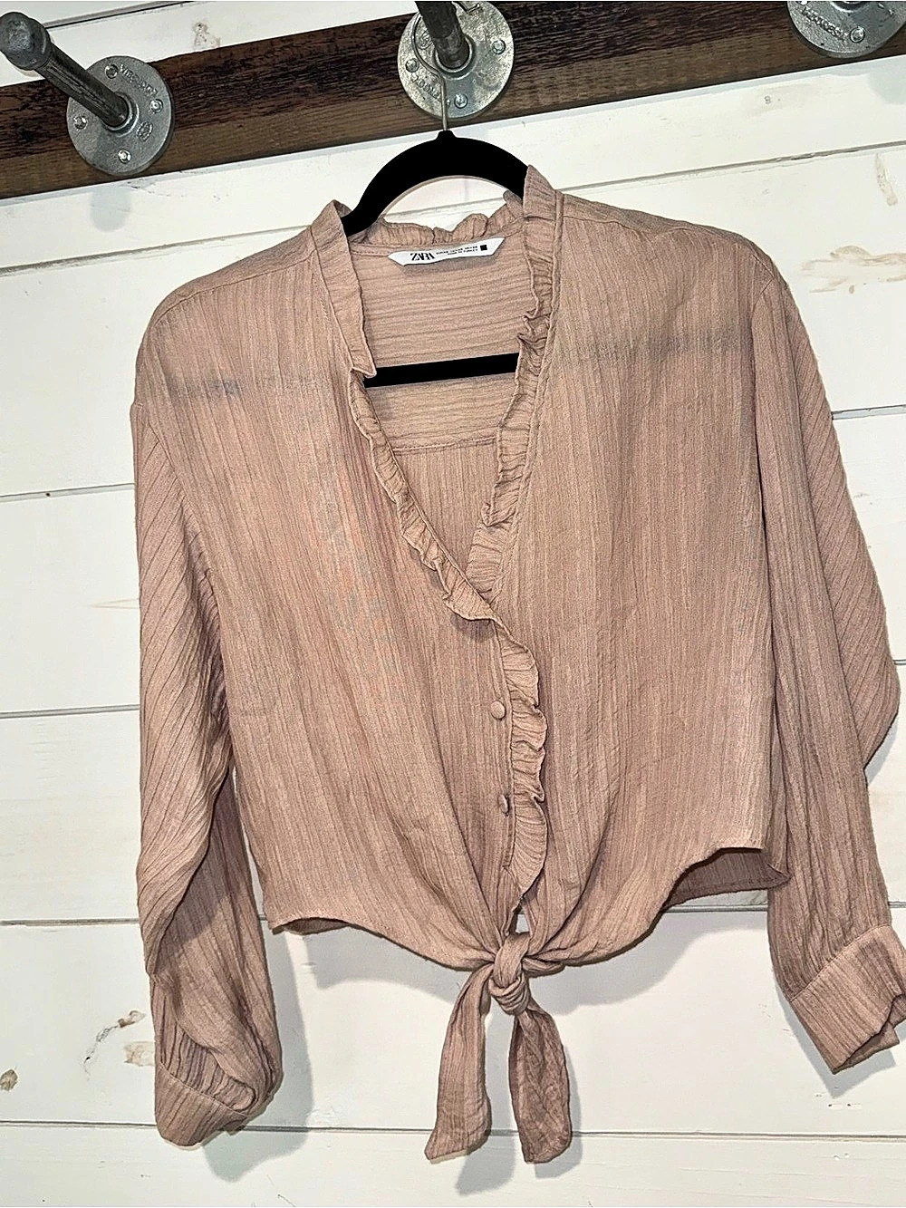 Zara Ruffled Tie Blouse in Pink Size Medium